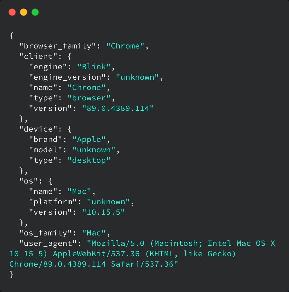 API response - browser, device and OS data from APIC Agent's user-agent API